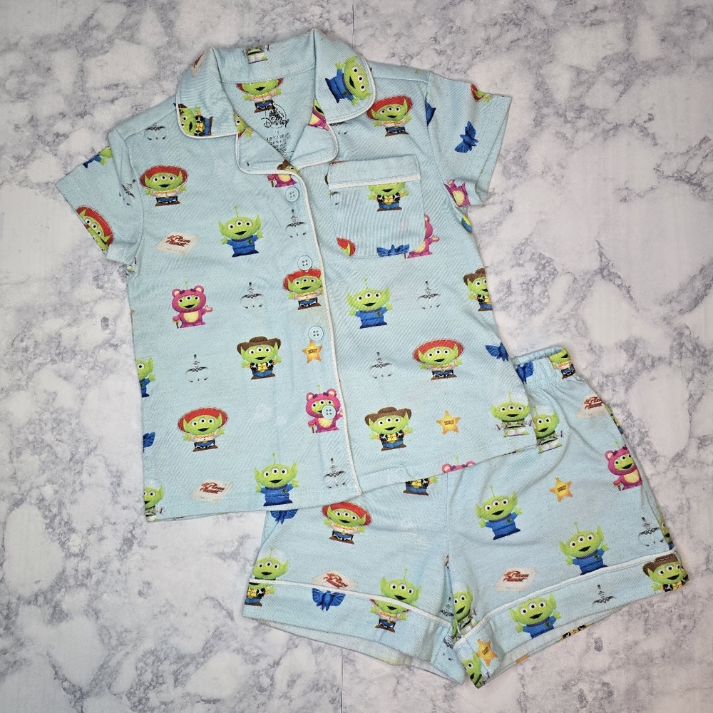 Disney Pixar Alien Remix Pajama Set Blue Button Down Shirt And Shorts